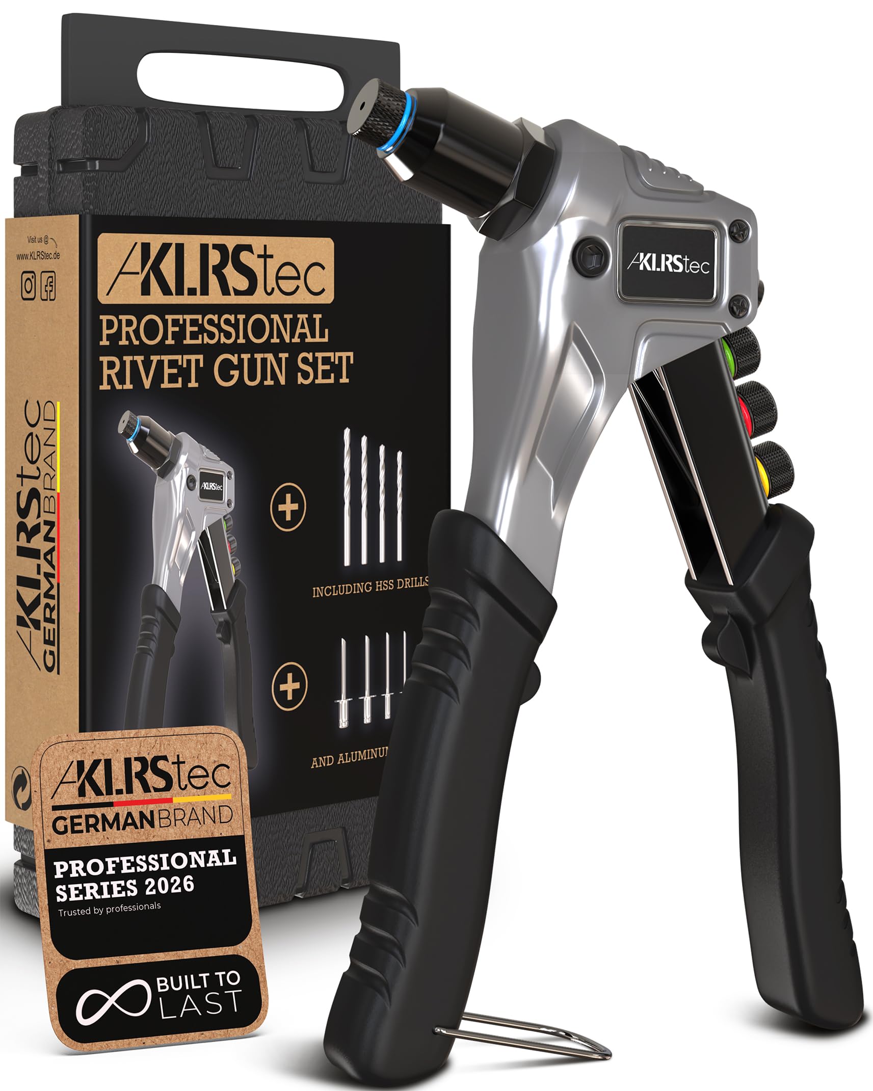 KLRStec® Professional Rivet Gun Kit incl. 120 Pop Rivets and 4 HSS Drills - High Quality Pop Rivet Tool Kit for Processing Pop Rivets