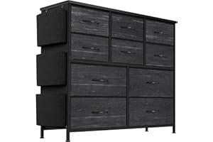 JOJOKA Dresser for Bedroom, 10 Drawers Fabric Storage Drawer, Dressers & Chest of Drawers with Side Pockets, Hooks, Wood Tabletop for Closet, Living Room, Hallway (Charcoal Black)