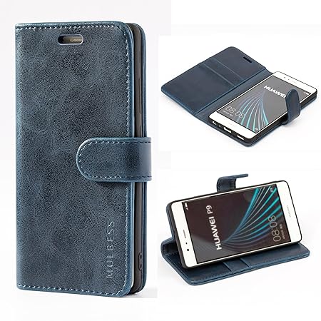 Mulbess Ledertasche im Ständer Book Case/Kartenfach für Huawei P9 Tasche Hülle Leder Etui,Dunkelblau
