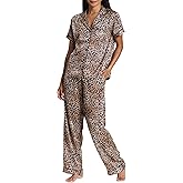bebe Women's Silky Satin Pajama Set, Button Down Short Sleeve Sleepwear Valentines Gifts for Her