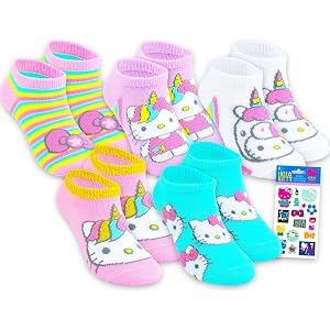 Hello Kitty Socks for Girls Set - Bundle with 5 Pairs of No Show Sanrio Socks Shoe Size 7.5-3.5 Plus Stickers | Hello Kitty S
