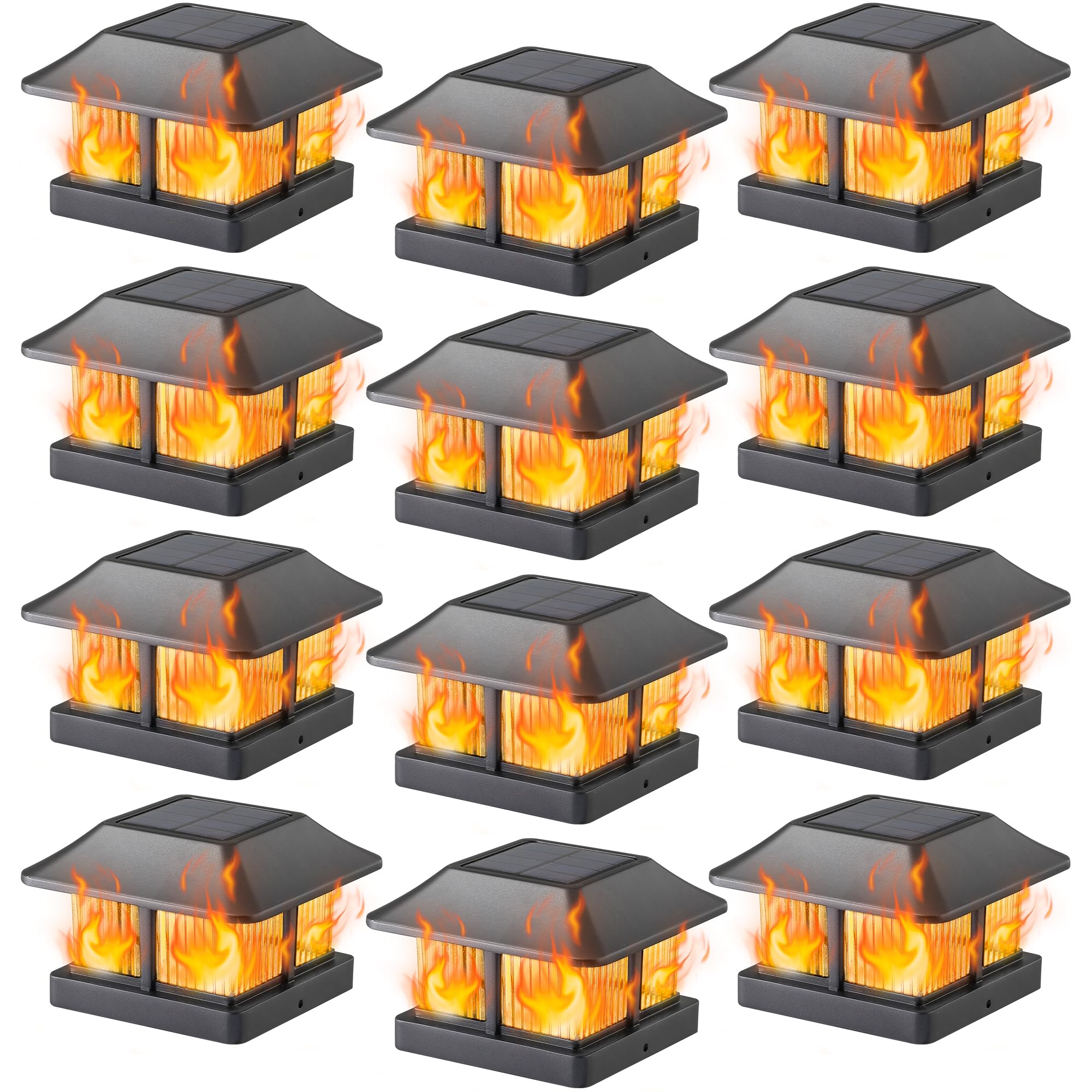 Dynaming 12 Pack Solar Flame Post Cap Lights Outdoor, Solar Powered Fence Post Light, Flickering Flame LED Lantern Lamps for Garden Deck Patio, Only Fit 4x4 Wooden Posts (True Size 3.5"x3.5") Image