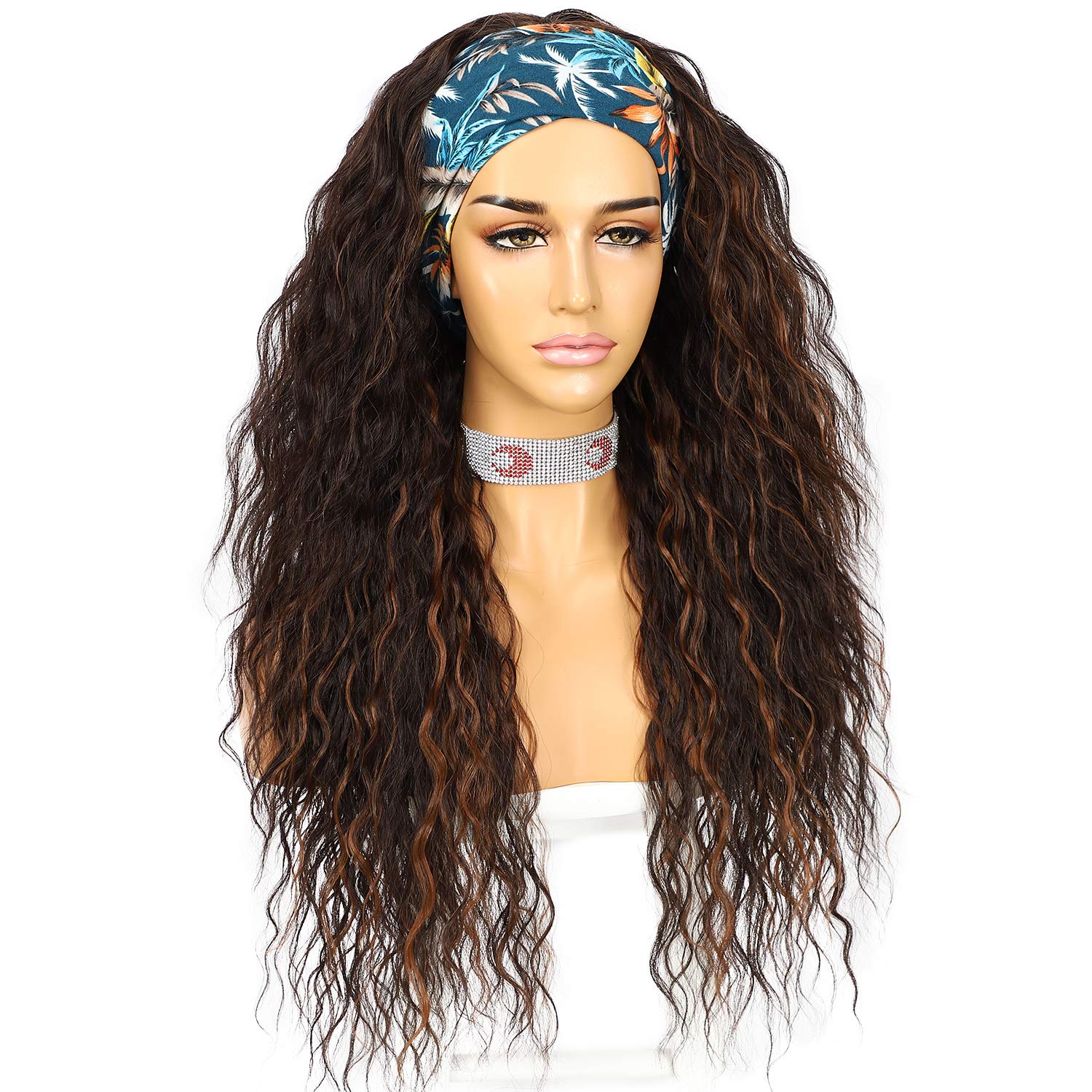 Sapphirewigs Curly Headband Wig Long Brown Synthetic Wigs for Women Loose Water Wave Headband Hair Glueless 150% Density 26 inch โ image 1