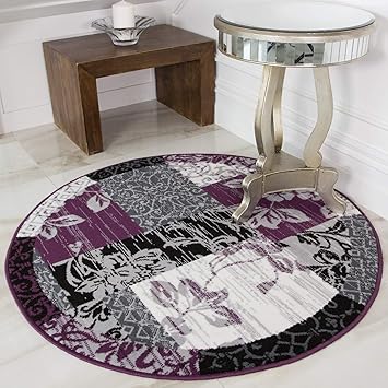 The Rug House Milan Traditioneller Rund Kreis Teppich Mit Patchwork Muster Fur Das Wohnzimmer In Lila Violett Schwarz Und Graufarbtonen 160cm Durchmesser Amazon De Kuche Haushalt