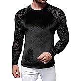 WDIRARA Men's Floral Lace Mesh Fleece Fuzzy T-Shirt Crewneck Raglan Long Sleeve Casual Tee Tops