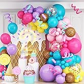 Rainbow Colorful Balloons Arch for Candy Sweet One Two Donut Grow Up Ice Cream Birthday Party Decorations Pastel Purple Pink Blue Yellow Brown Confetti Latex Balloons Garland with Long Balloon