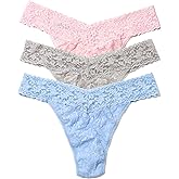 hanky panky - Signature Lace Original Rise Thongs for Women (3 pack) | One Size fits 4-14 | Bliss Pink/Sleep in Grey/Clarity | Soft Nylon Stretchy Lace, Comfortable Lingerie, Sexy Underwear