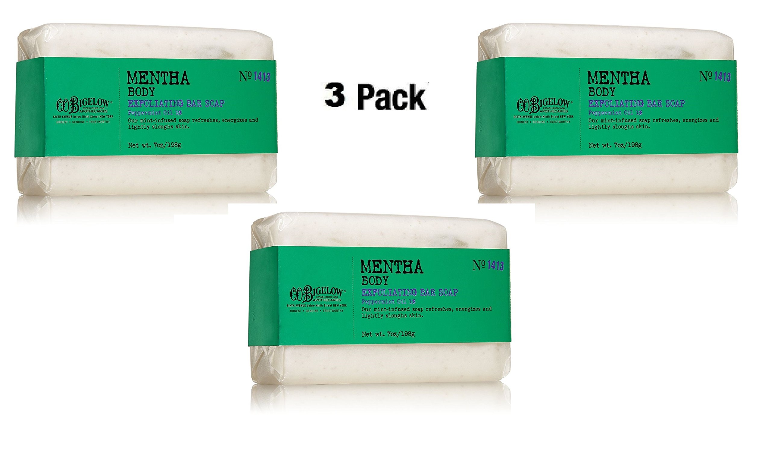 Lot of 3 C.O. Bigelow Mentha Body Exfoliating Bar Soap 7.0 oz by C.O. Bigelow[Amazon-developed Certification] Compact by Design