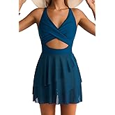 EVOCRCO Women One Piece Swim Dress Tummy Control Mesh Swimsuits Wrap Sarong Bathing Suit V Neck Slimming Swimwear