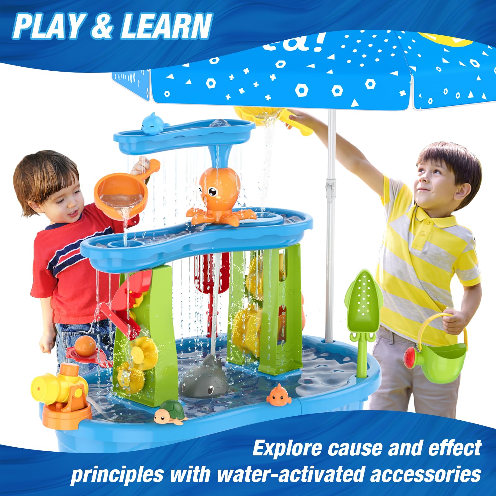 HYES 3-Tier Water Table for Toddlers 3-5 With Umbrella, Pump, Cover - Rain Showers Splash Pond for Outdoor Beach, Activity Sensory Play for Boys Girls