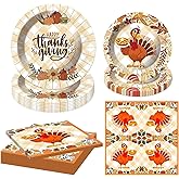 RWSEFK Thanksgiving Party Set: 16 9" Dinner Plates, 16 7" Dessert Plates, and 16 Napkins with Turkey Dinner Decorations