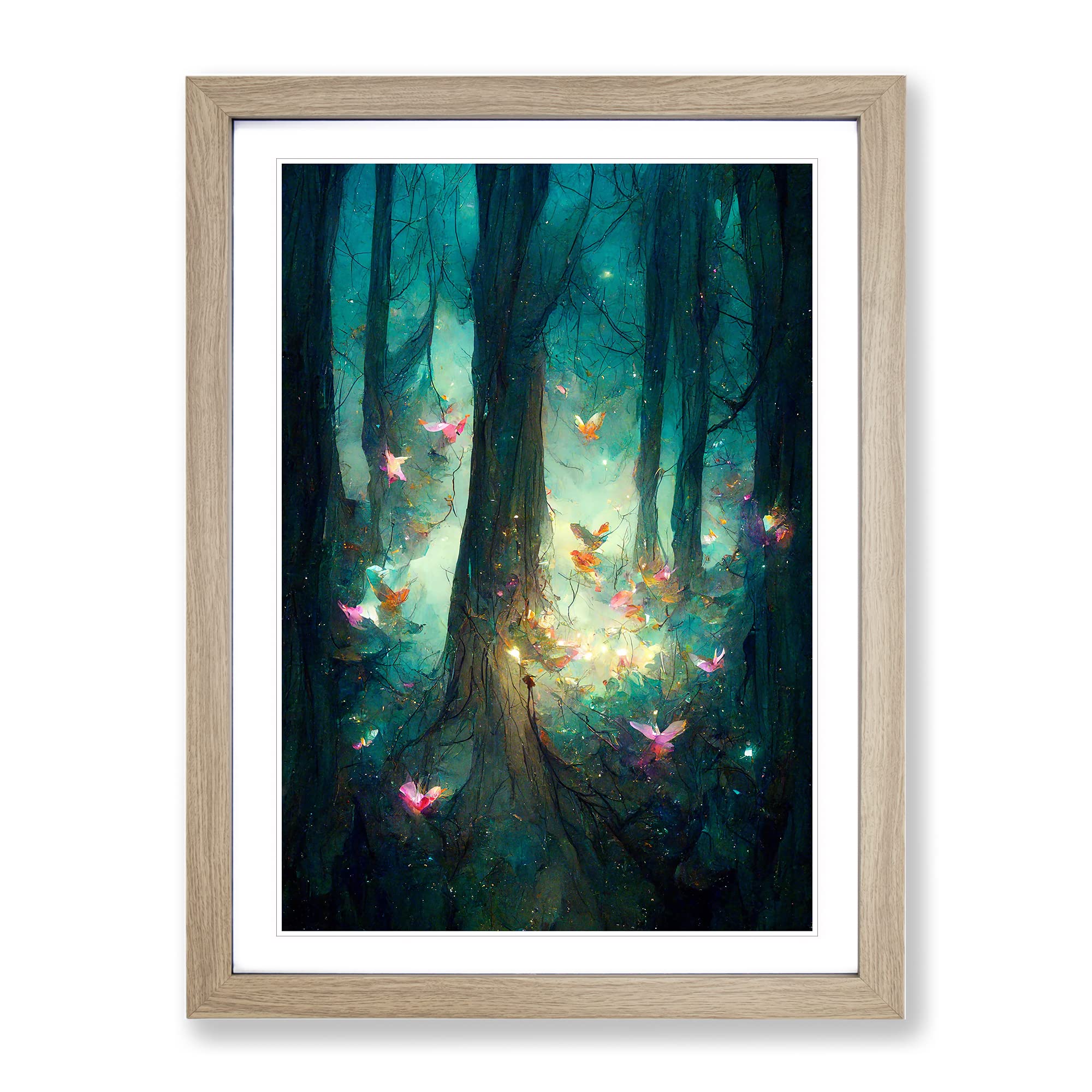 Forest Fairies Framed Print | A4 Oak Framed Wall Art | Ready to Hang | Modern Landscape Picture | Living Room Bedroom Lounge Office