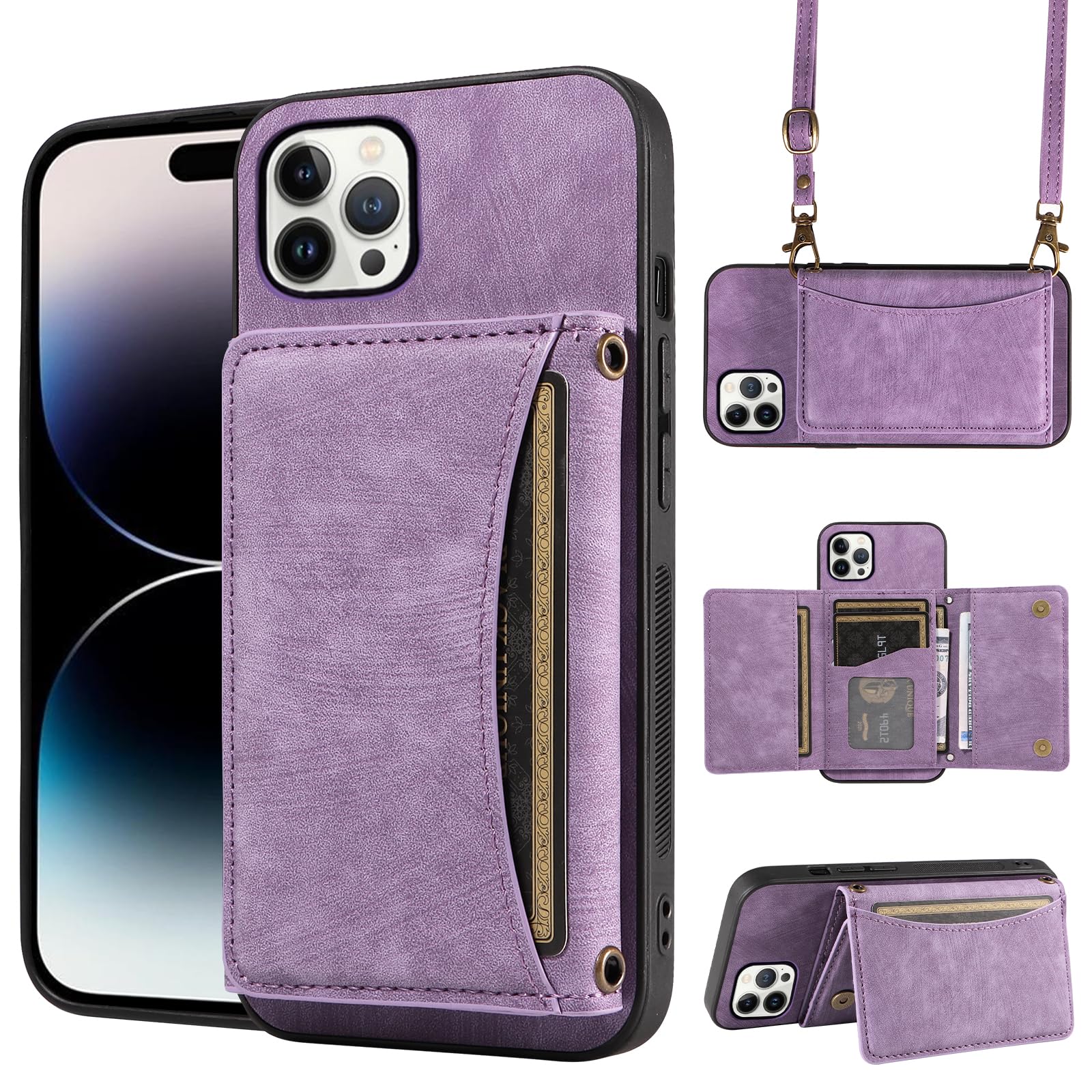 ELISORLI Phone Case For iPhone 14 Pro 6.1 inch Wallet Cover with Crossbody Shoulder Strap and Leather Credit Card Holder Pocket Slim Cell Accessories iPhone14Pro 5G i i-Phone i14 iPhone14 14Pro Purple