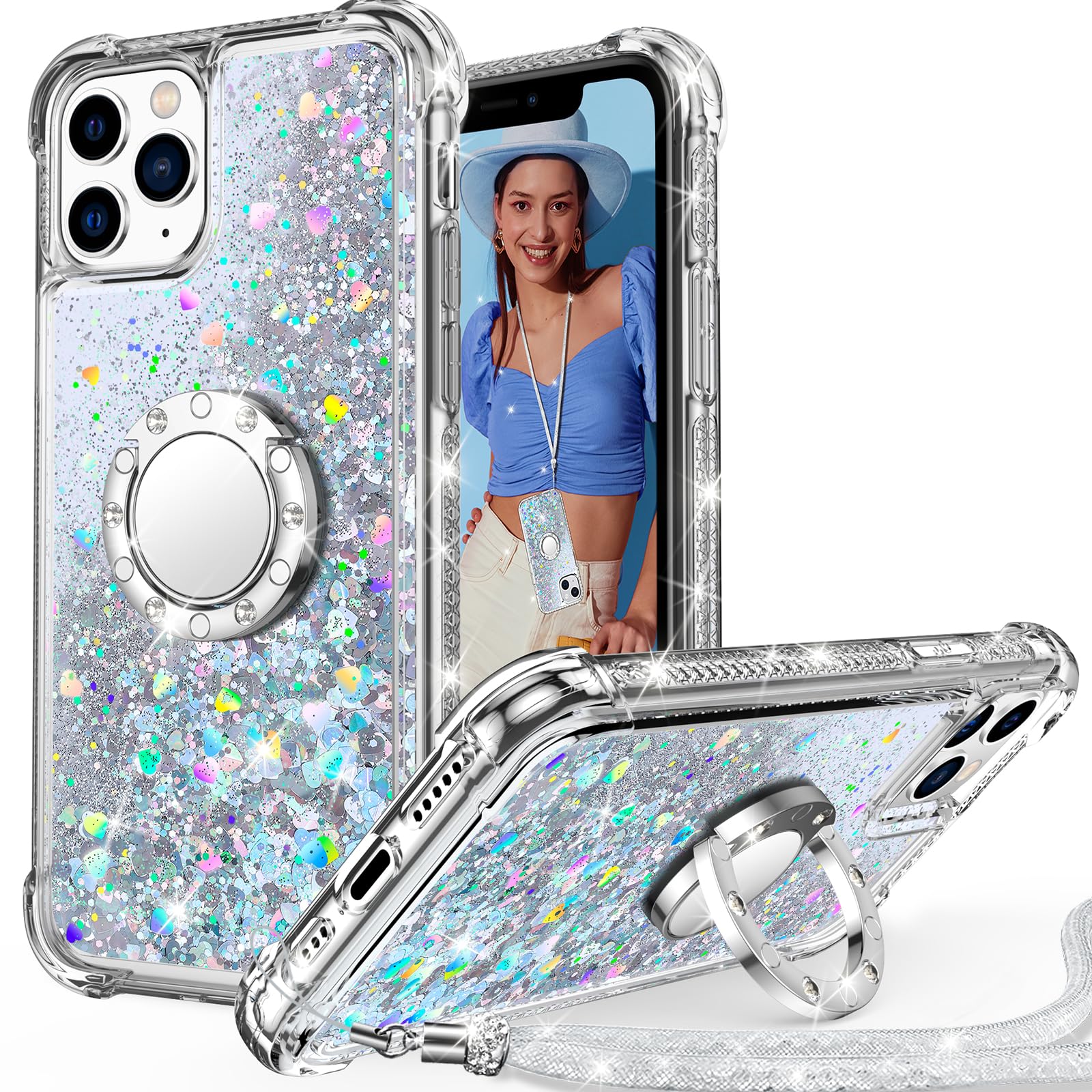 Unlicaku for iPhone 11 Pro Max Case, with Ring Women Girls Bling Holographic Sparkle Glitter Cute Cover, Diamond Ring Protective Phone Case for iPhone 11 Pro Max, Clear Silver — image 1