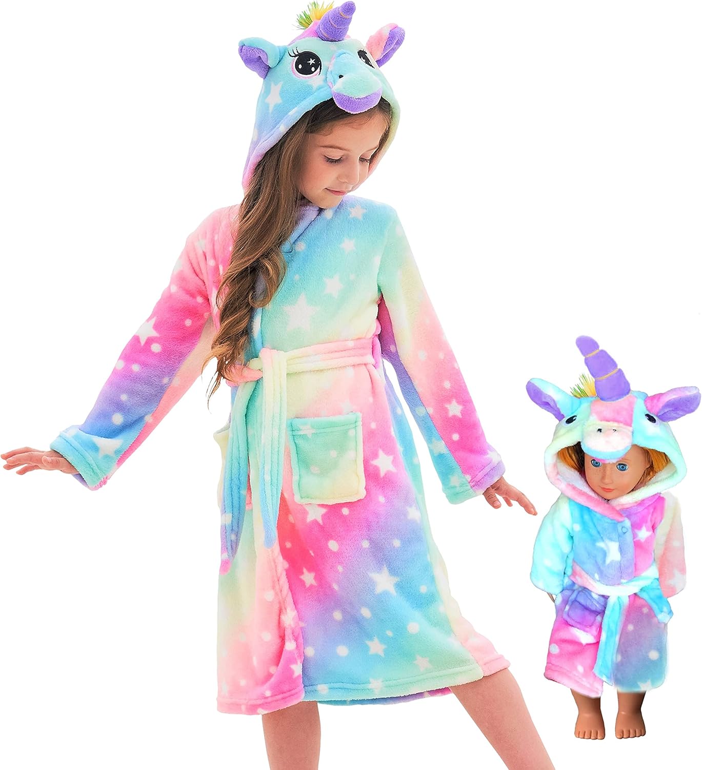 Unicorn Hooded Bathrobe Sleepwear Matching Doll & Girls Gifts (Rainbow Star, 8-9 Years): Clothing