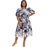 London Times Women's Fitted Bodice Puff Sleeve Cotton Poplin Midi Tiered Skirt-Summer Wedding Guest Floral Dress