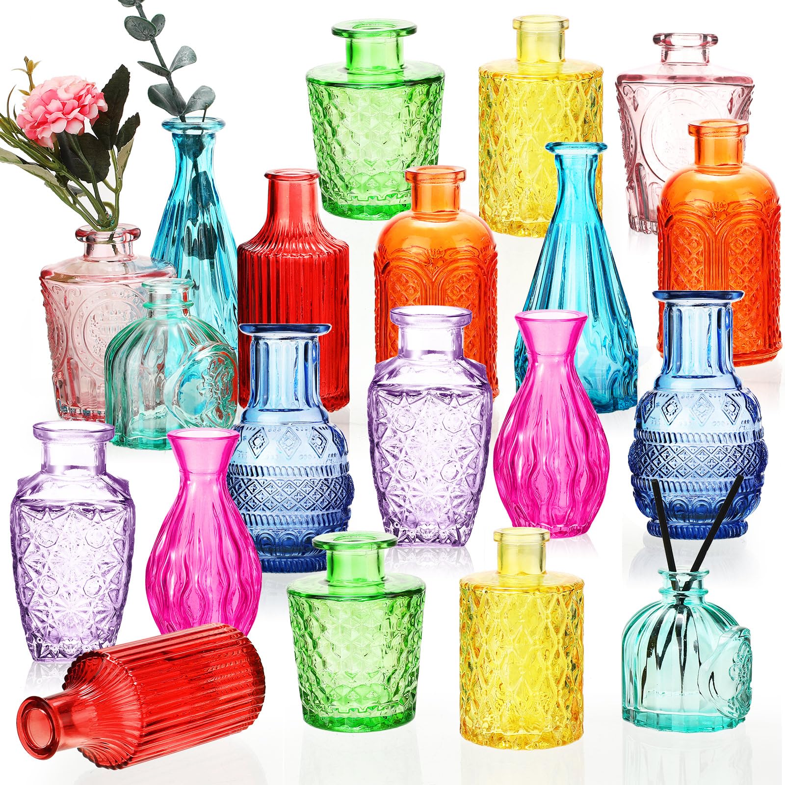 Photo 1 of 20 Pcs  Vases ?Bulk ?Colored Small Vintage Glass Vases for Centerpieces Mini Flower Bottles for Wedding Home Table Decoration Floral Arrangements