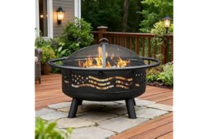 Breezz 32 Inch American Flag Fire Pit with Mesh Cover & Poker, Round Metal Wood Burning Outdoor Firepit for Patio, Garden, Backyard, Bonfire, Ideal for 4th of July, Memorial Day, Christmas