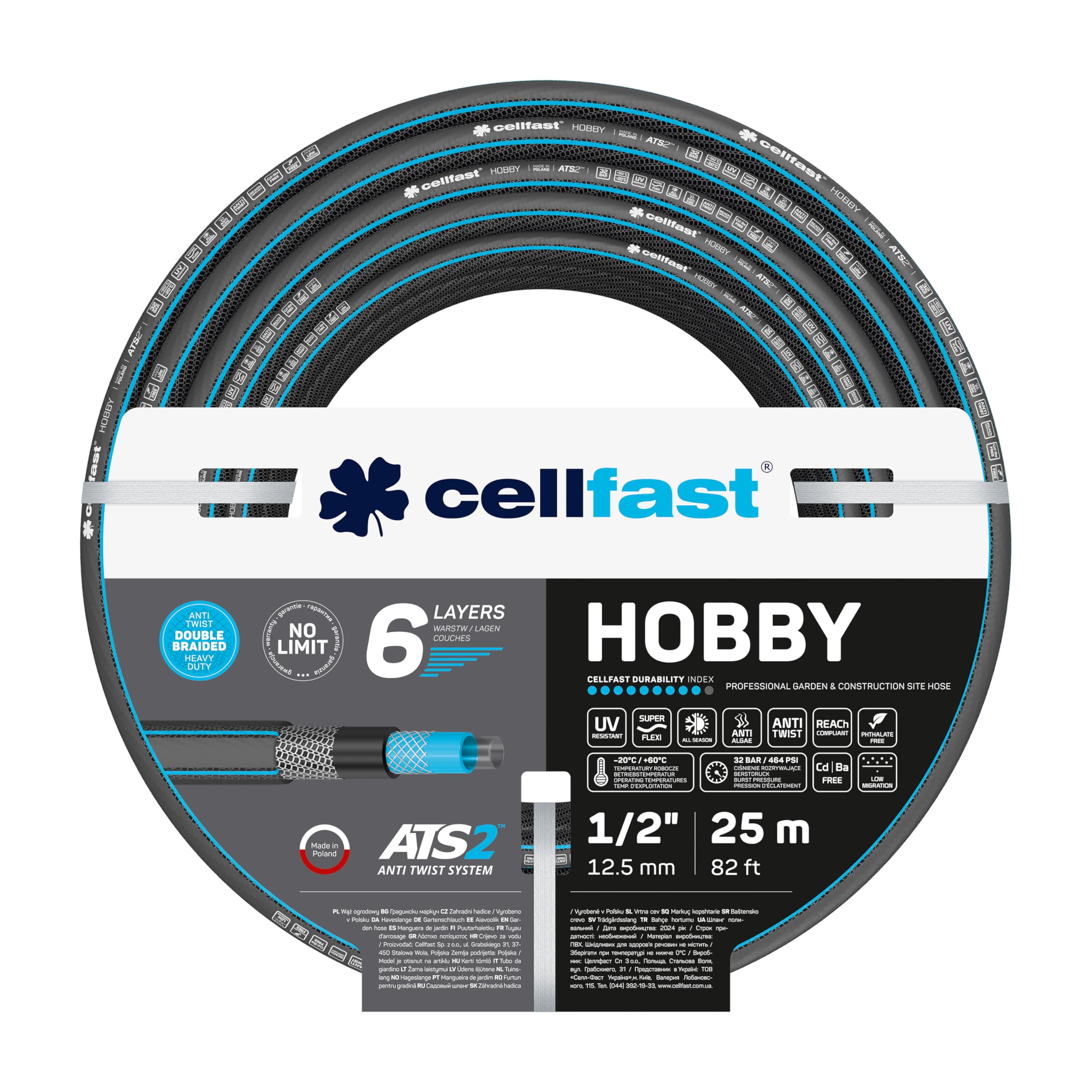 Cellfast Garden Hose HOBBY ATS2™ 1/2'' 25m, Flexible 6-layer Hose, Double Braid with Cross and Tricot Fabric, 30 Bar Burst Pressure, 16-200