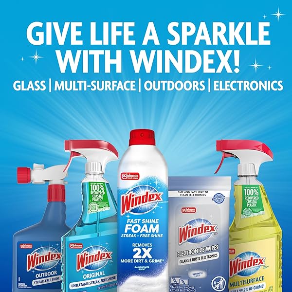 WINDEX GLASS AND WINDOW CLEANER SPRAY BOTTLE, PACKAGING DESIGNED TO PREVENT LEAKAGE AND BREAKING, SURFACE CLEANING SPRAY, ORIGINAL BLUE SCENT, 23 FL OZ