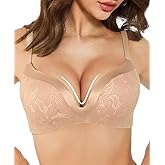 Popilush Wireless Lace Bras for Women No Underwire Deep V Push Up Seamless Bralettes Comfortable T Shirt Bra 3D Molded