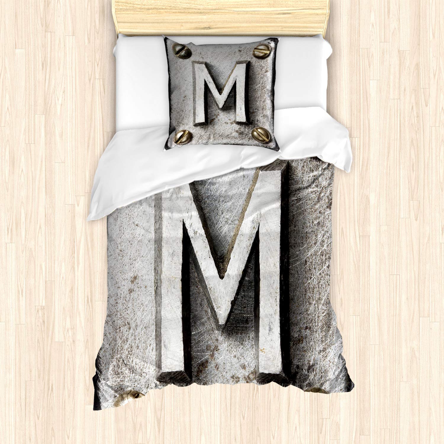 ABAKUHAUS Letter M Duvet Cover Set for Single Beds, Steel Typeset Grunge, Mite-Proof Allergy-Free Suitable with Pillowcase, Pale Grey Sepia