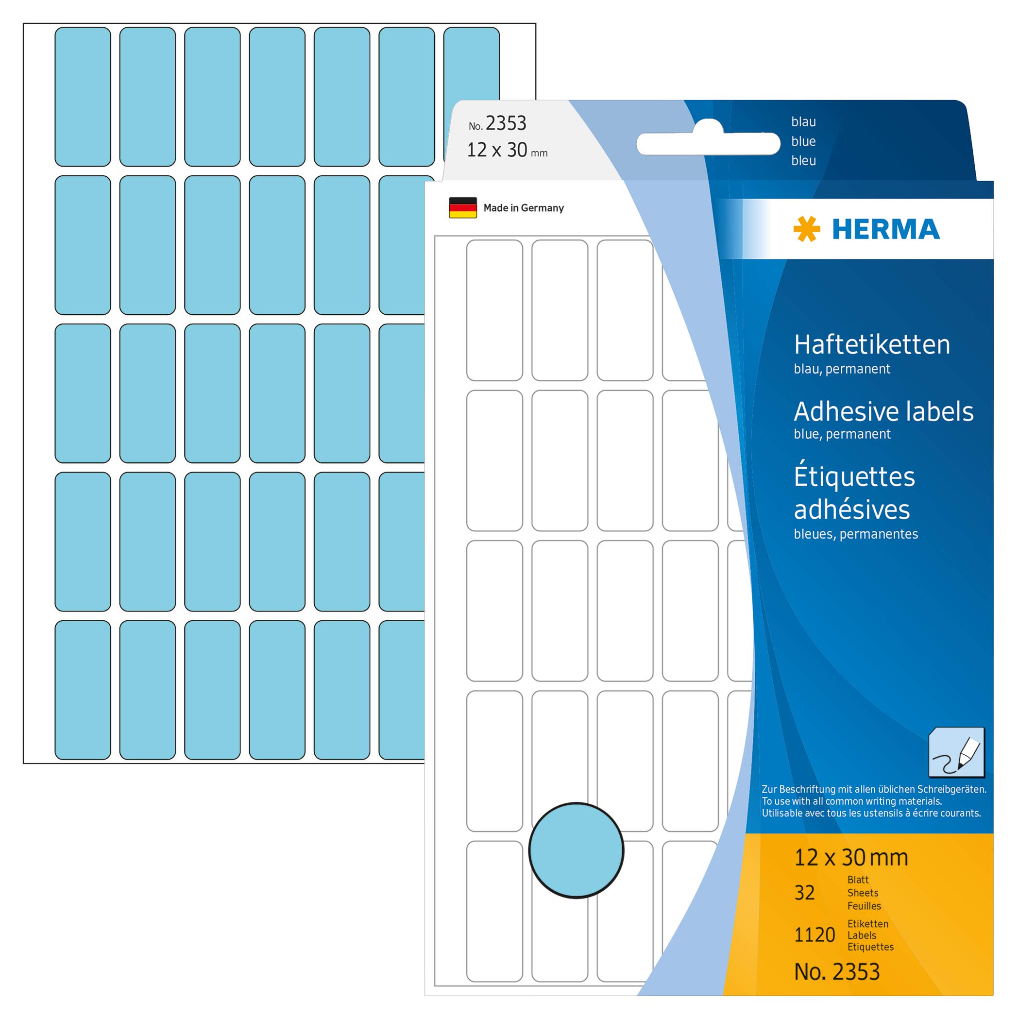 HERMA Multi Purpose Labels, 35 Labels per Sheet, 32 Sheets, 12 x 30 mm, 1120 Labels, Self Adhesive Small Labels Stickers, Blank Sticky Labels for Office Kitchen Home, Blue