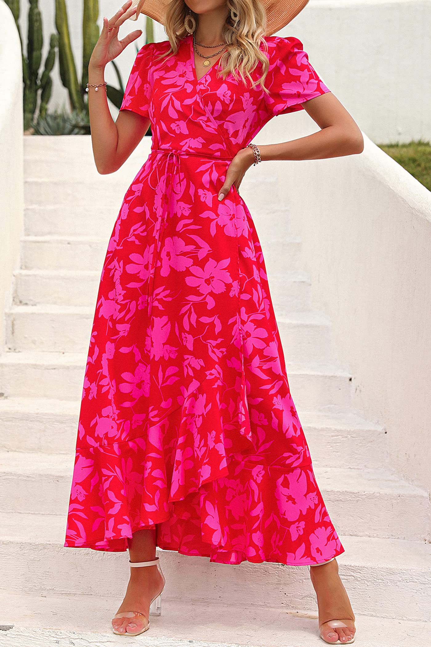 PRETTYGARDEN Women's Summer Wrap Maxi Dress Casual Boho Floral V Neck Short Sleeve Ruffle Hem Split Beach Long Dresses (Red Floral,X-Small) - Image 3