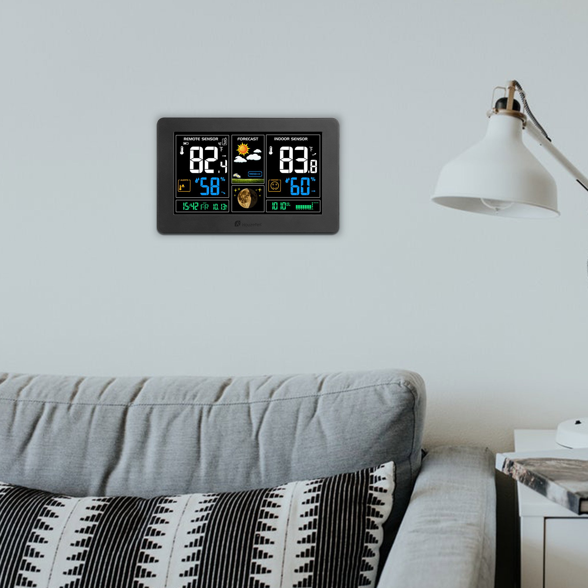 Houzetek Indoor Outdoor Weather Station, Digital Color Forecast Station with Sensor, Home Alarm Clock with Temperature Alerts, Charging USB Port, Moon Phase