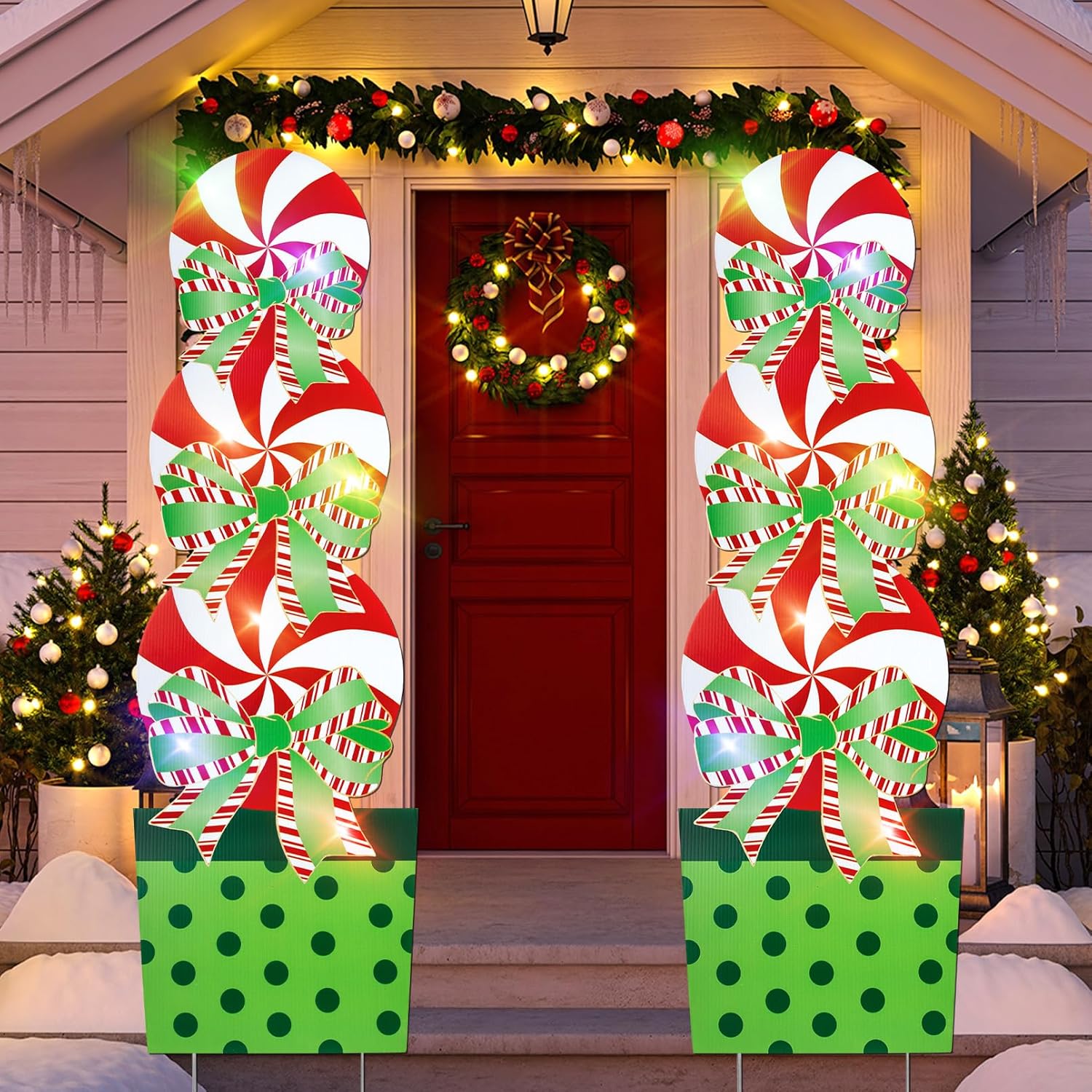 Yard Signs - Unves 2 Pack Christmas Decorations Outdoor, 54.5In Giant Candy Christmas Yard Stakes with LED Lights String, Holiday Peppermint Xmas Christmas Yard Signs Decor for Garden Lawn Porch House Decorations