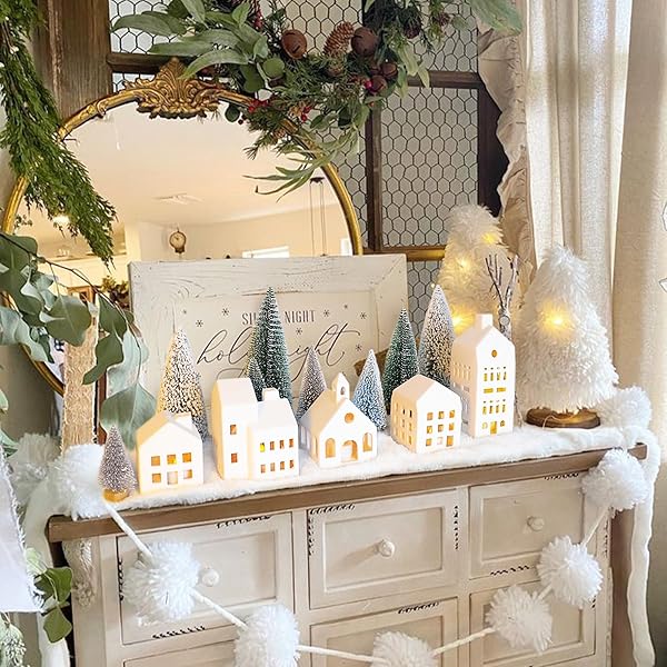 CHRISTMAS DECORATIONS – CHRISTMAS VILLAGE SETS OF 5 LIGHTED CERAMIC HOUSES WITH REMOTE CONTROL & 9 TREES – INDOOR WHITE XMAS HOLIDAY RUSTIC UNIQUE DECOR FOR HOME TABLE ROOM FARMHOUSE DECORATION