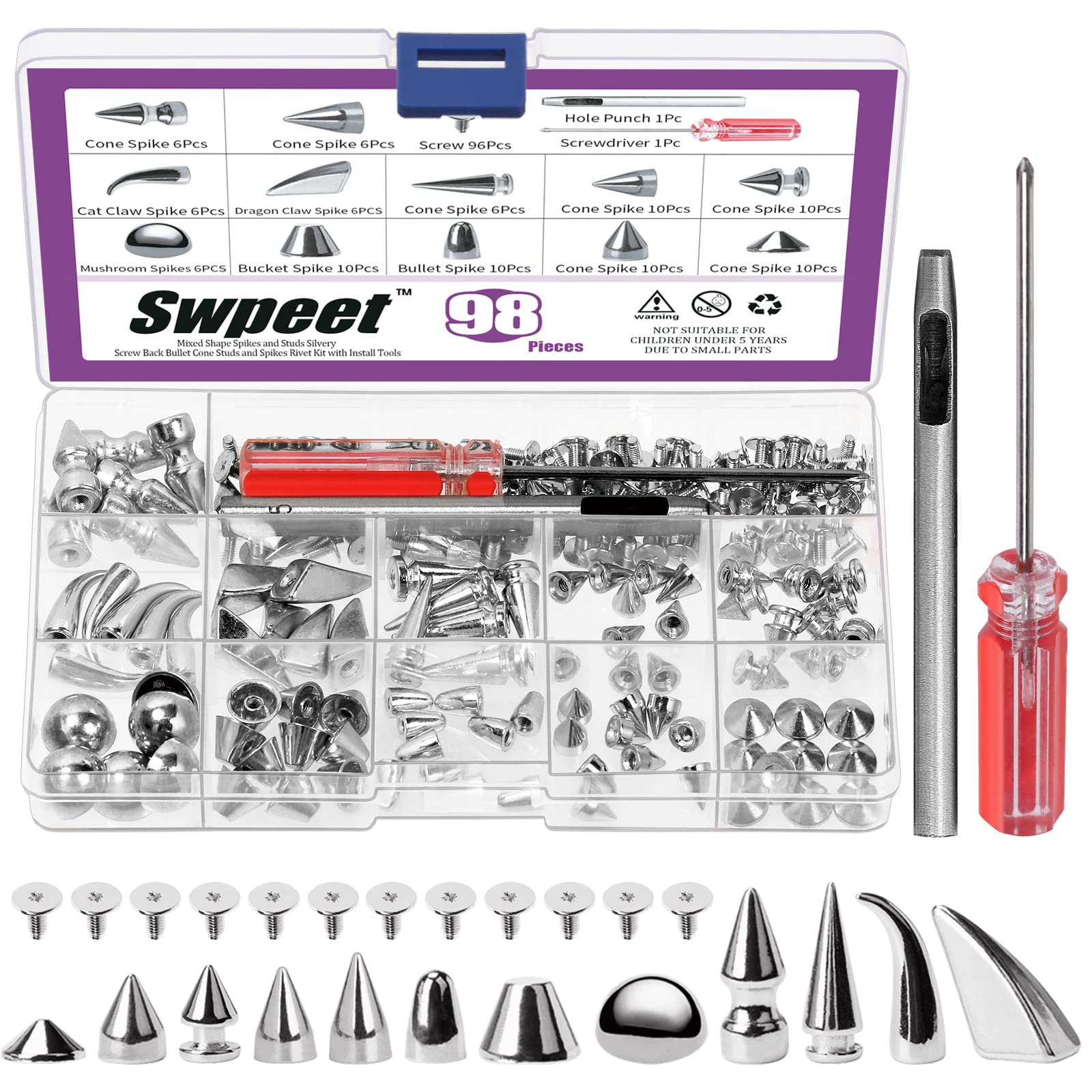 Swpeet 98Pcs Mixed Shape Spikes Screwback Studs Rivets Kit (Silver)