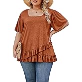 Angelips Womens Plus Size Tops Dressy Casual Blouses Square Neck Ruffle Hem Tunic Summer Going Out Shirts Short Sleeve 2025