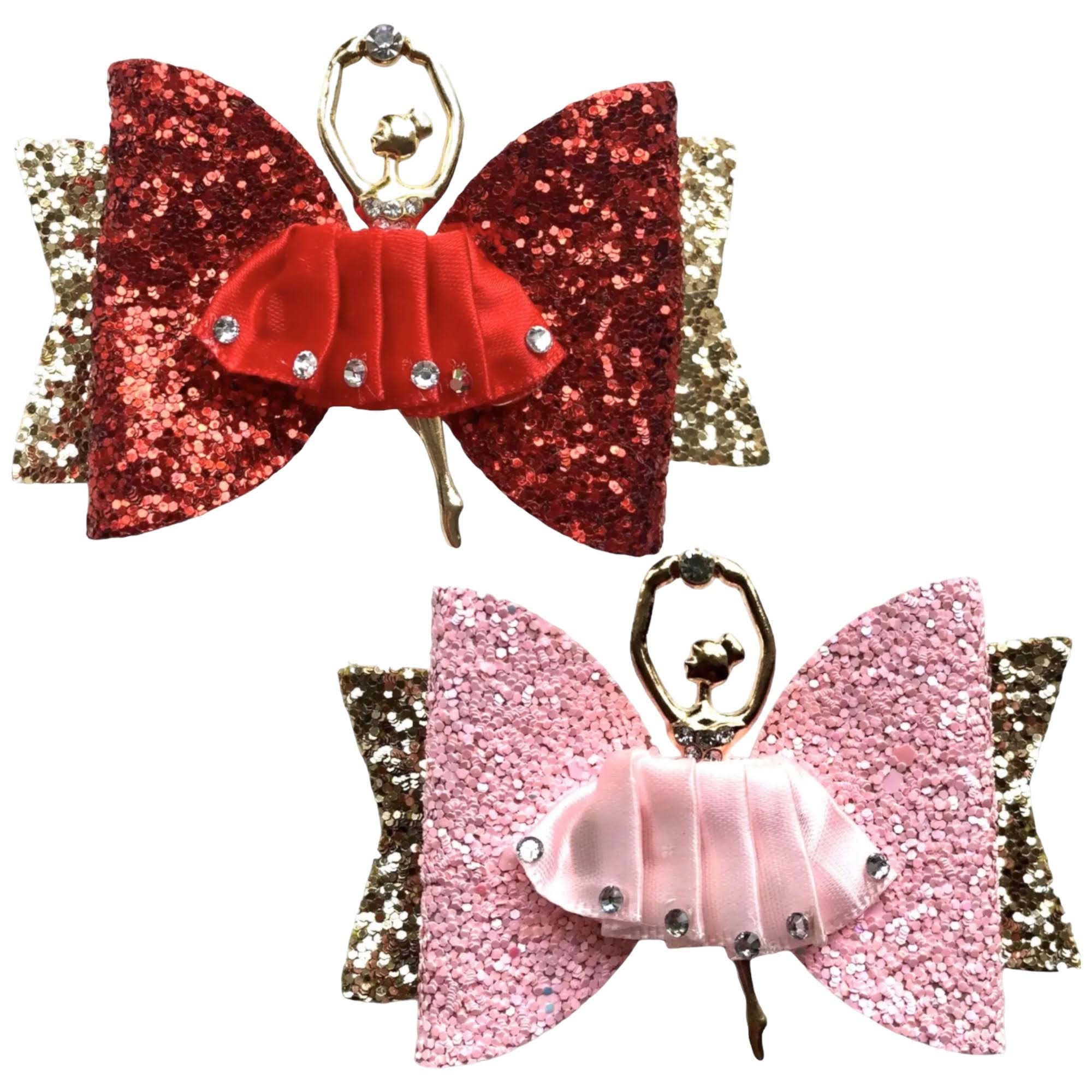 2pcs Glitter Hair Bows Clips Slides Grips Red & Pink Gold Ballerina 3.5" Inch Handmade Hairbows for Woman and Girls