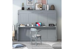 Ball & Cast Murphy Bed Full Size Hideaway Beds with Hydraulic Lift & Desk Design,Industrial Multifunction Wood Wall Cabinets Bedframe W/Hardware Chain,Space-Saving for Apartment,Gray