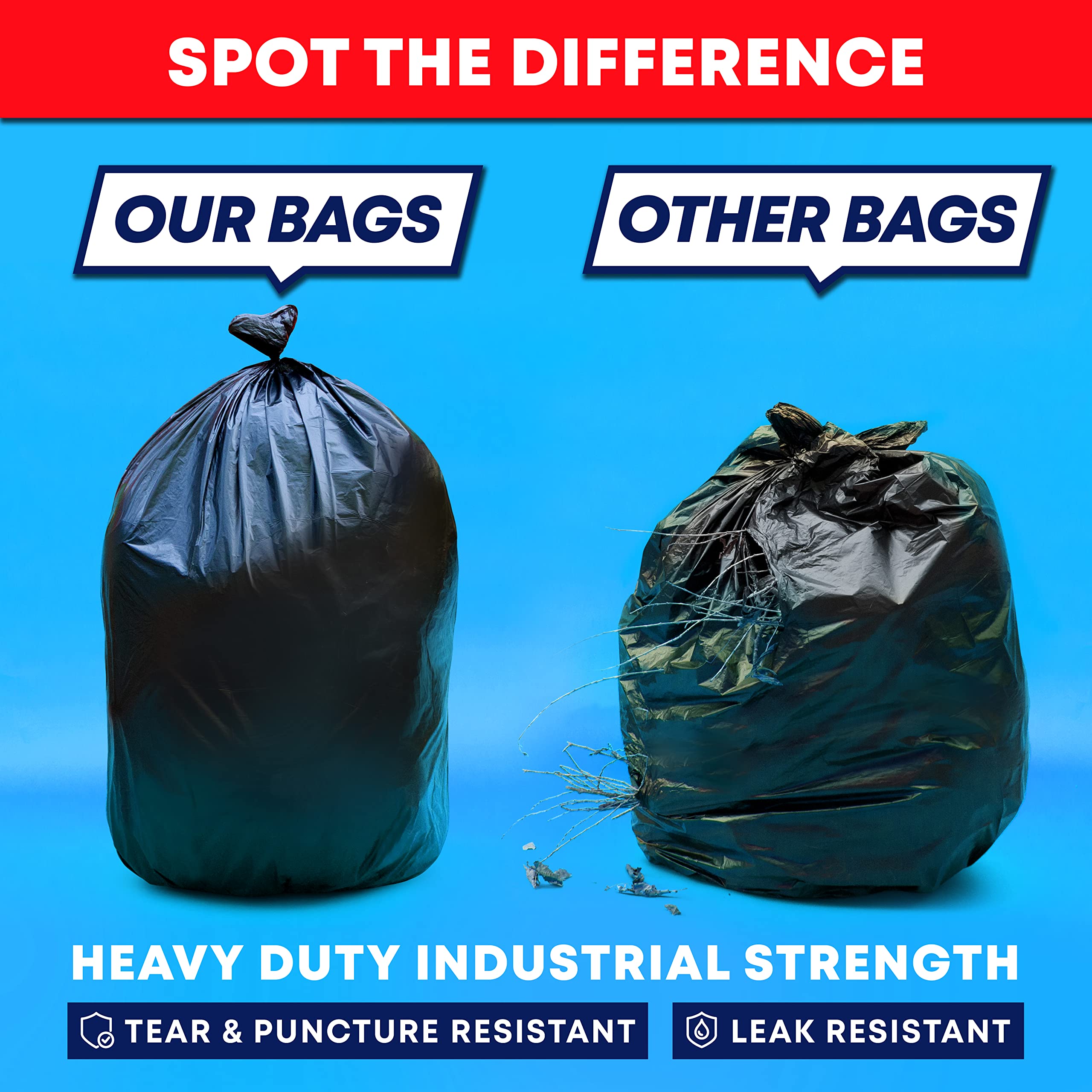 Tasker 55 Gallon Trash Bags (Value 50 Bags w/Ties) Extra Large Industrial Trash Bags 55 Gallon