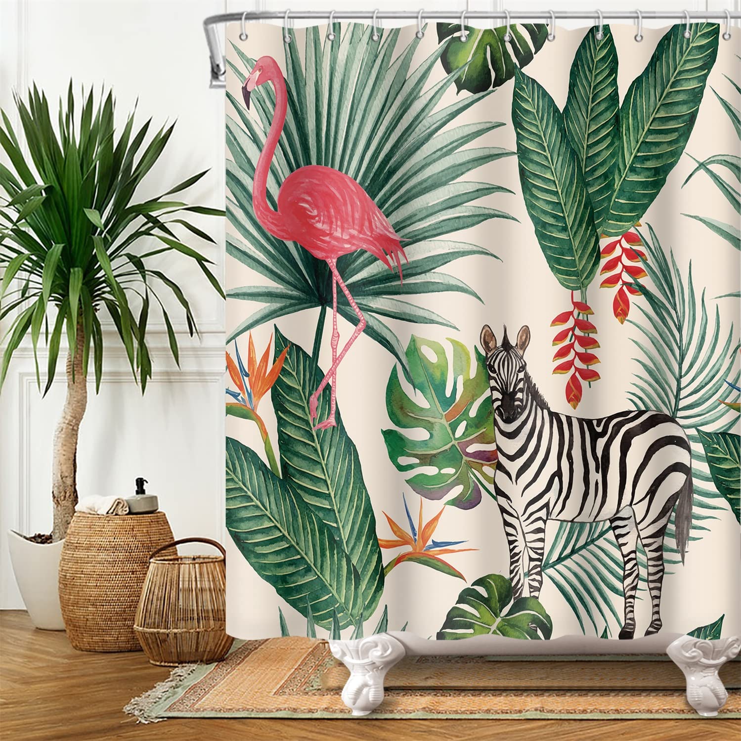 SDOTPMT 140x183cm Flamingo Shower Curtain Tropical Palm Tree Green Leaves Banana Leaf Horse Bath Curtain Summer Theme Bathtub Curtain Fabric Polyester Waterproof for Kids Bathroom Decor with Hooks