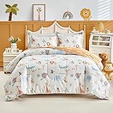 Joyreap Cotton Twin Size Comforter Set for Kids Boys Girls, Zoo Theme Animals White n Brown Design, Soft n Cozy 3 Pieces Bedding Comforter Set for All Season- 68x88 inches