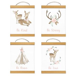 Framed Sweet Jojo Designs Blush Pink Mint Wall Art Prints Room Decor for Baby Nursery Kid for Boho Woodland Deer Floral Collection - Set of 4 Kind Strong Brave True With Wooden Hanging Magnetic Frames