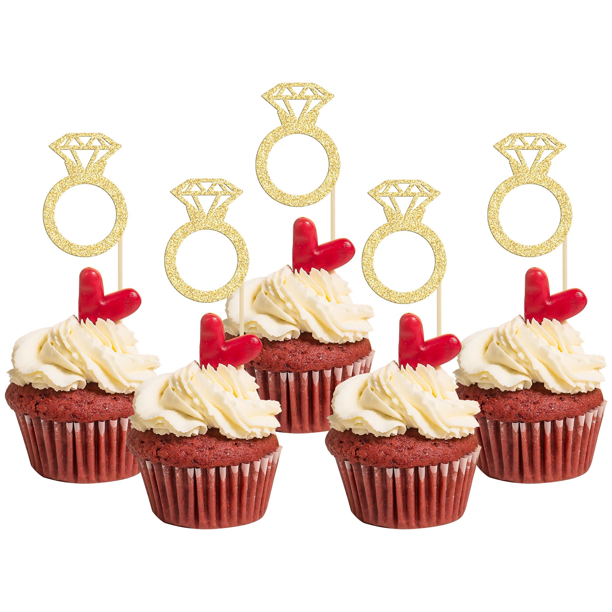 Gyufise 36Pcs Diamond Ring Cupcake Toppers Gold Glitter Diamond Wedding Ring Cupcake Picks for Marriage Engagement Anniversary Valentines Party Cake Decorations Supplies
