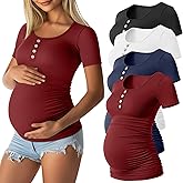 Sweetyweee 4 Pack Womens Maternity Shirts Scoop Neck Cotton Short Sleeve Ribbed Pregnancy Top Henley Side Ruched Mama Clothes
