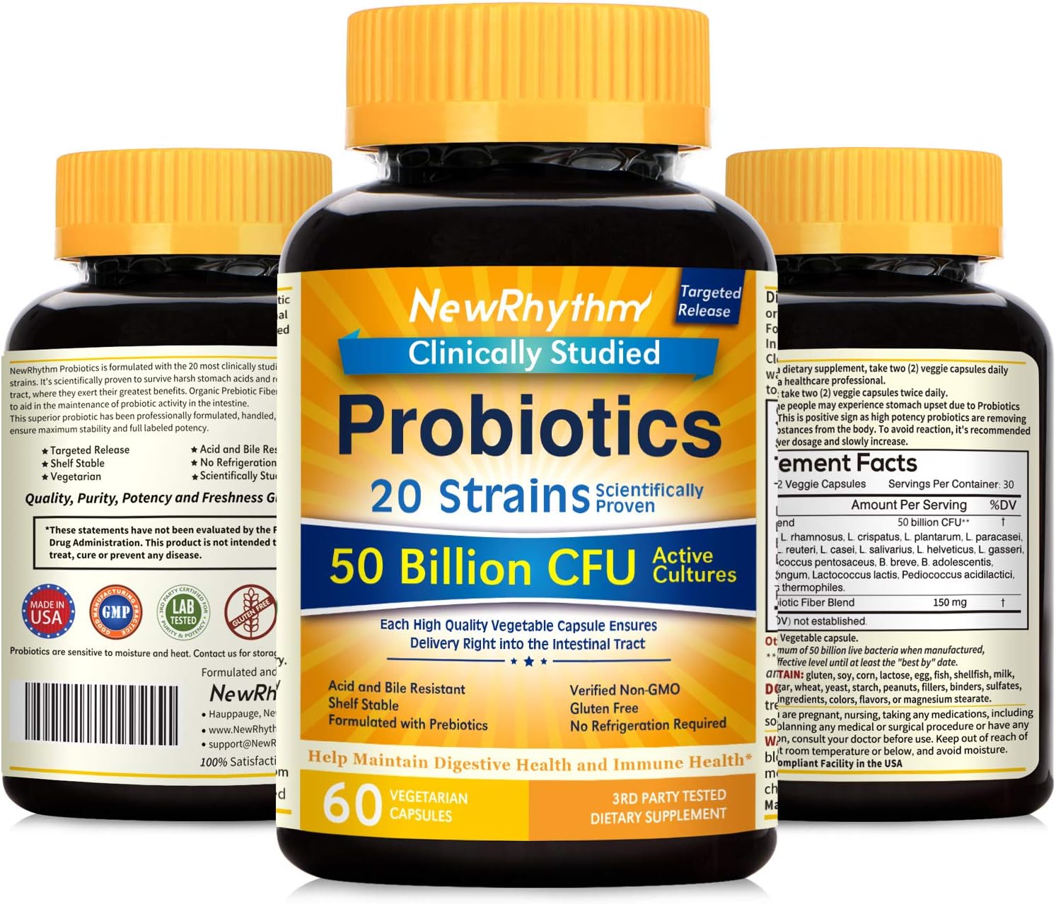 NewRhythm Probiotics 50 Billion CFU 20 Strains, 60 Veggie Capsules, Targeted Release Technology, Stomach Acid Resistant, No Need for Refrigeration, Non-GMO, Gluten Free: Health & Personal Care