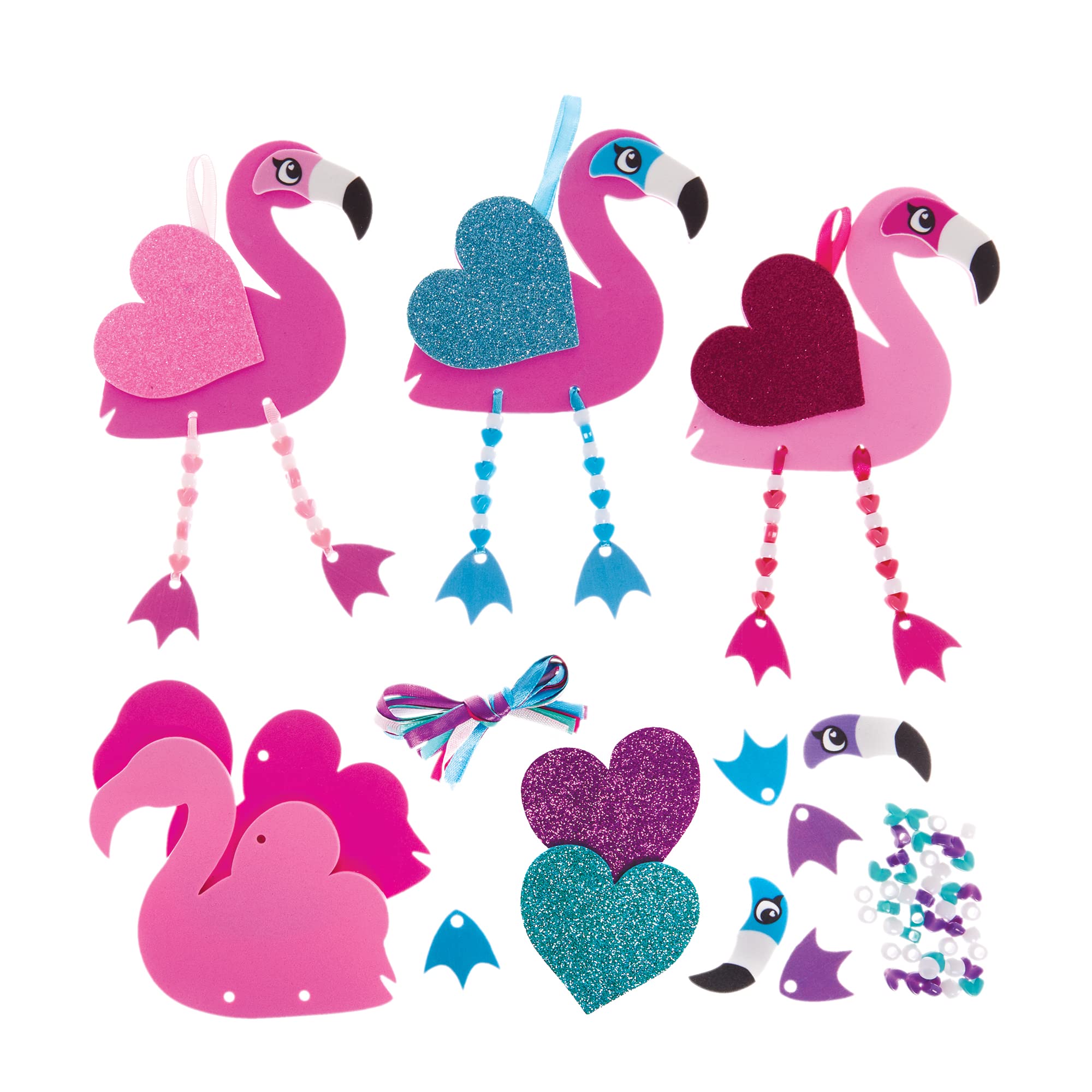 Baker Ross FX457 Love Heart Flamingo Dangly Leg Kits - Pack of 5, Valentine's Day Bead Craft Decoration Kit for Kids