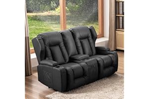 IPKIG 65.3" RV Loveseat Recliner | Double Recliner RV Sofa with Console |Faux Leather Reclining RV | RV Theater Seats |RV Theater Seating | RV Furniture, Manual Recliner Chair (Black)
