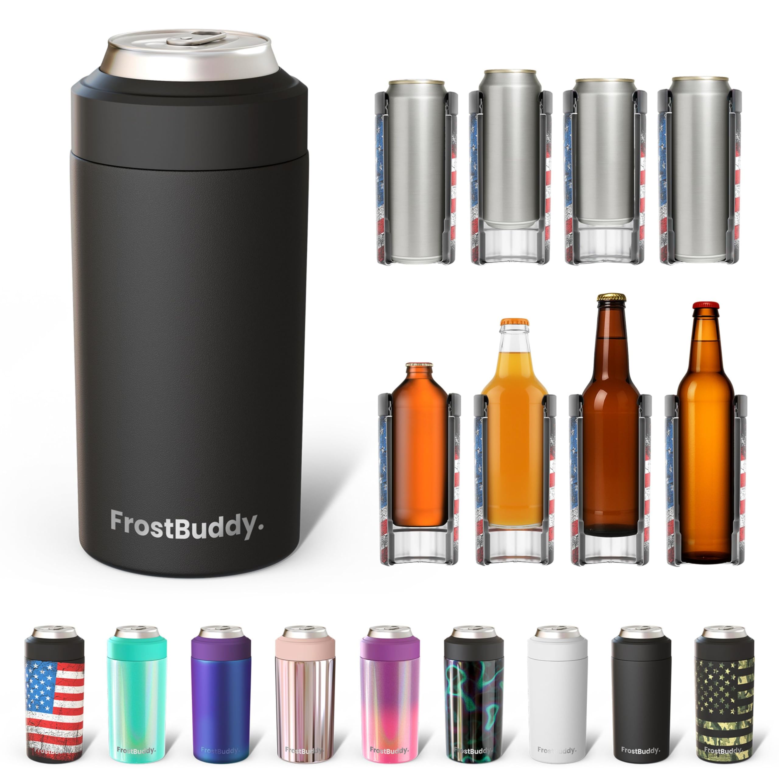 Photo 1 of Frost Buddy Universal Can Cooler - Fits All - For Regular 12 & 16 oz or Slim-Size Bottles - Insulated Double-Walled Stainless Steel (MatteBlack)