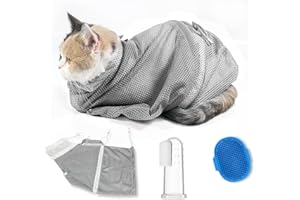 MSMUOEZ Adjustable Multifunctional Anti-Bite Shower net Bag，Cat Grooming Mesh Bag, Cat Bathing Bag，Cat Bath Brush and Pet Finger Toothbrush (B-Grey)