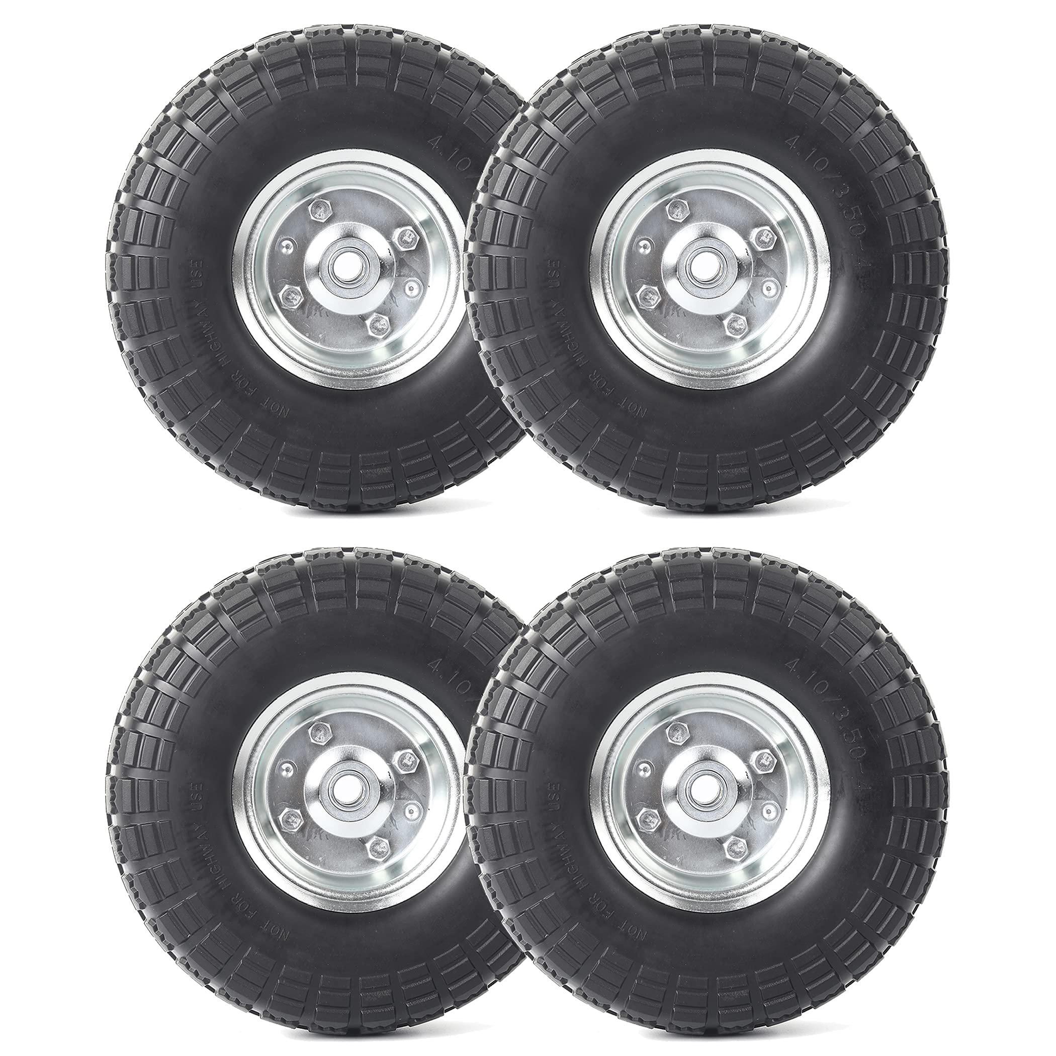 Photo 1 of AR-PRO (4-Pack) 10-Inch Solid Rubber Tire Wheels - Replacement 4.10/3.50-4" Flat Free Tire with 5/8" Bearings, 2.2" Offset Hub - Perfect for Lawn Garden Cart, Hand Truck, Wheelbarrow, Utility Cart