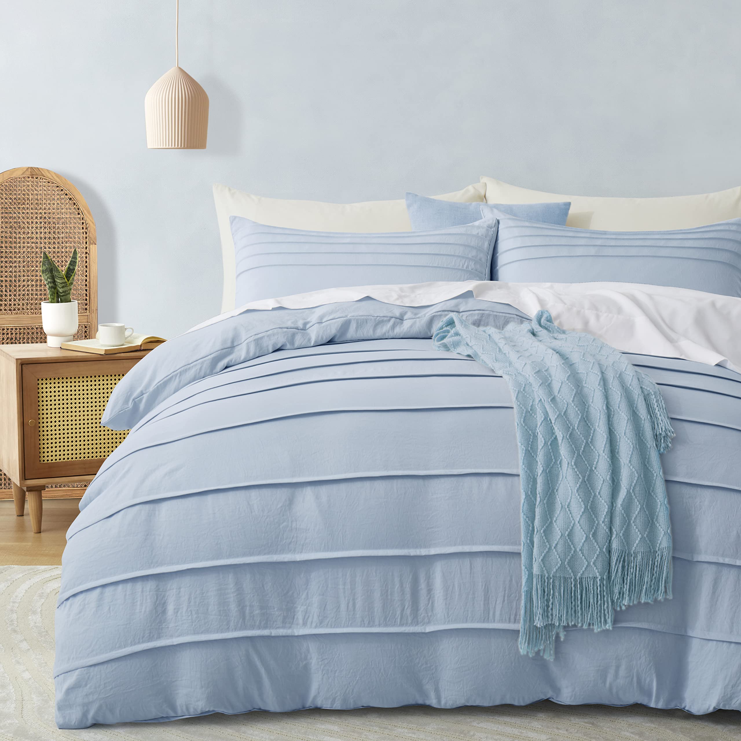 Oli Anderson Airy Blue Duvet Cover Twin Size - Pleated Twin Duvet Cover, 2PCS Soft and Breathable Textured Bedding Set with Zipper Closure(Airy Blue,68"x90")
