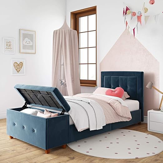 blue twin bed with storage