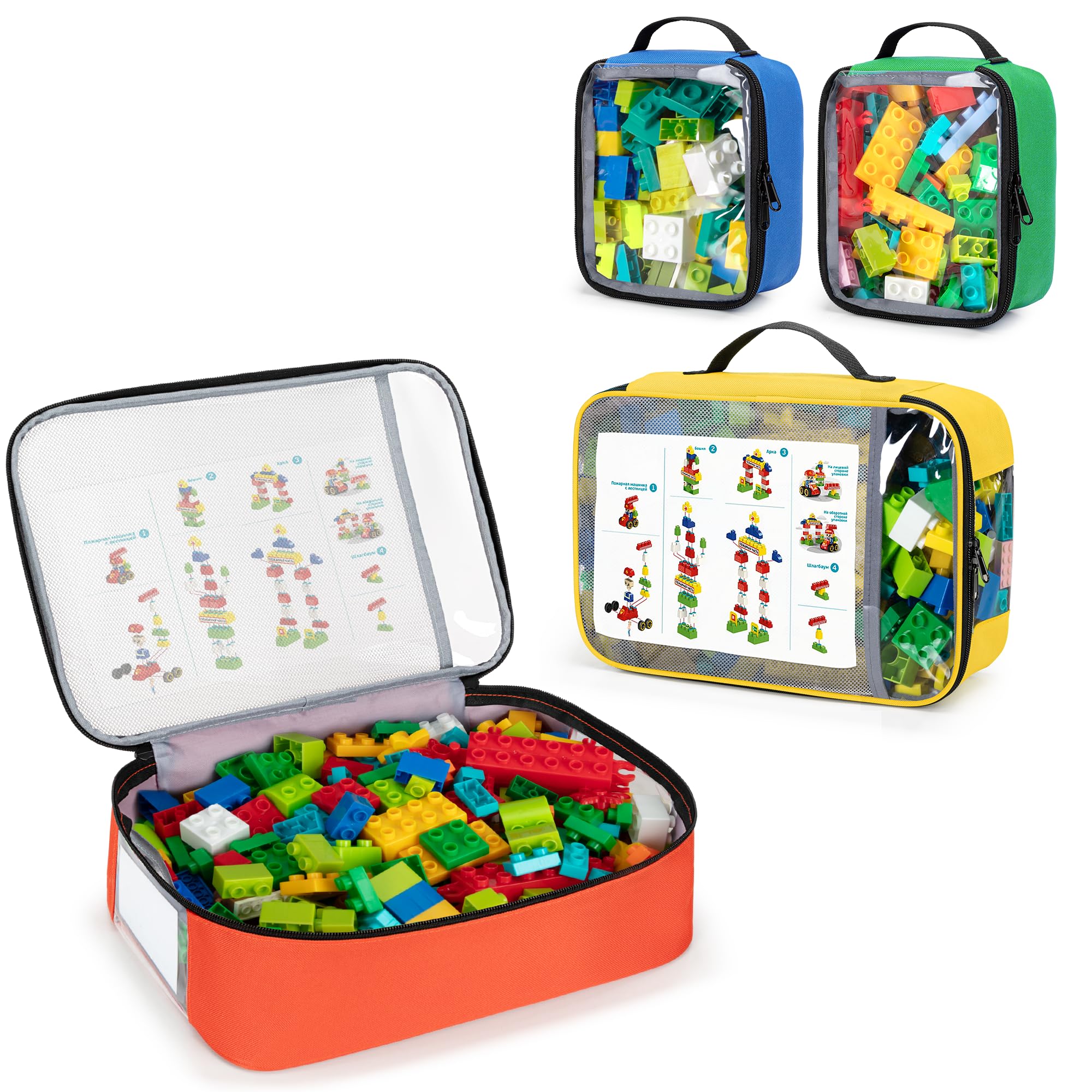 Rexmica 4 Pcs Toy Storage Organiser Bag for Building Bricks, Travel Organiser Case for Building Blocks, Car Toy, Dolls, Crafts, Magnetic Building Tiles, Blocks Toy Storage Bag with Visible Top